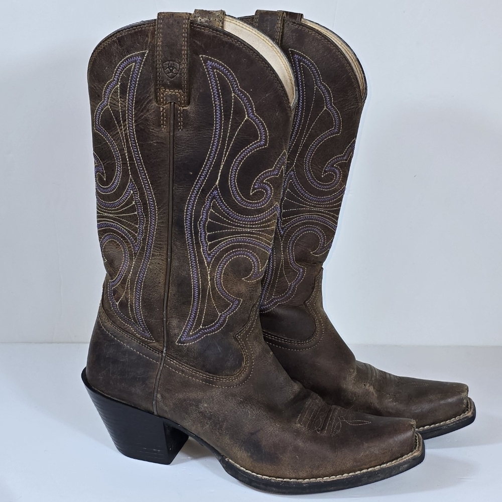 Ariat Round Up D Toe Brown Cowgirl Western Boots Women's 6.5 Purple Embroidered